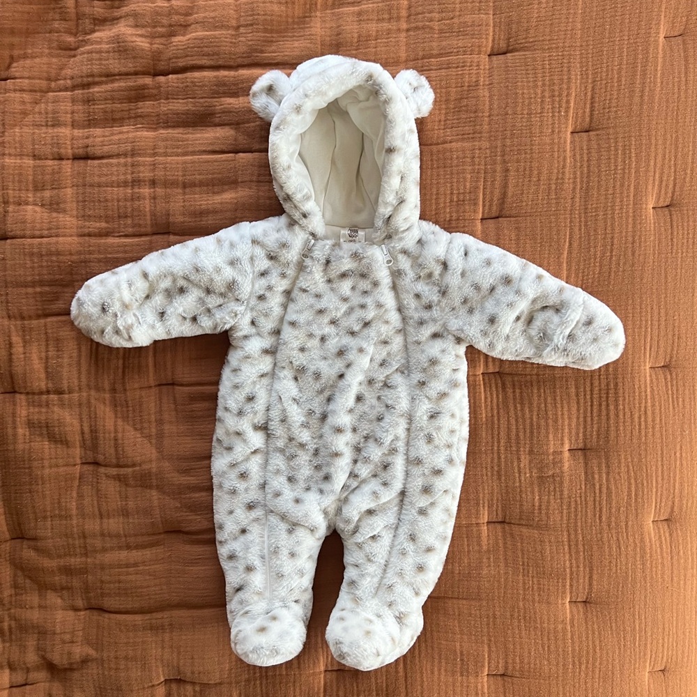 First Wish baby snowsuit | snow leopard faux fur print